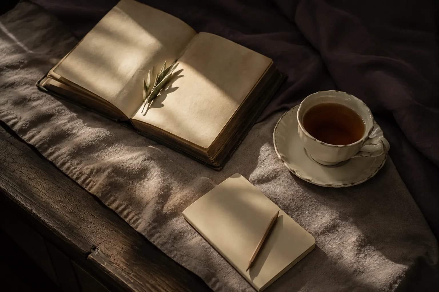An open cream-paged book with an olive sprig, tea and a blank notebook with a pencil on linen.