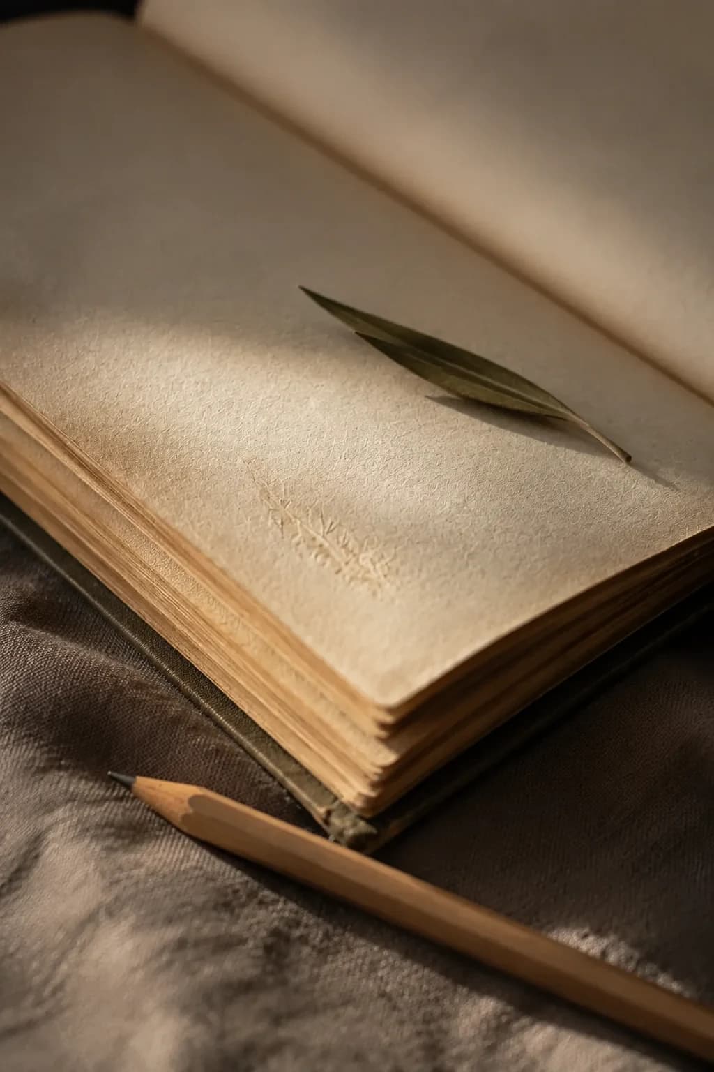 Close view of textured cream book pages with an olive leaf and a pencil resting below on linen.