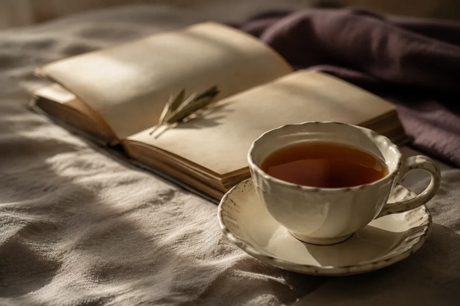 A scalloped cream cup of amber tea on a saucer, with an open book and olive sprig behind it.