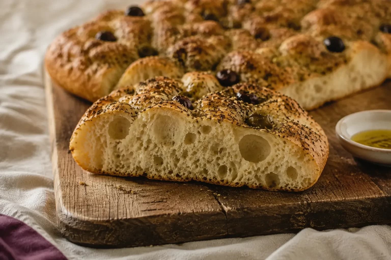 A thick cut piece of golden olive focaccia showing its airy crumb on a wooden board beside olive oil.