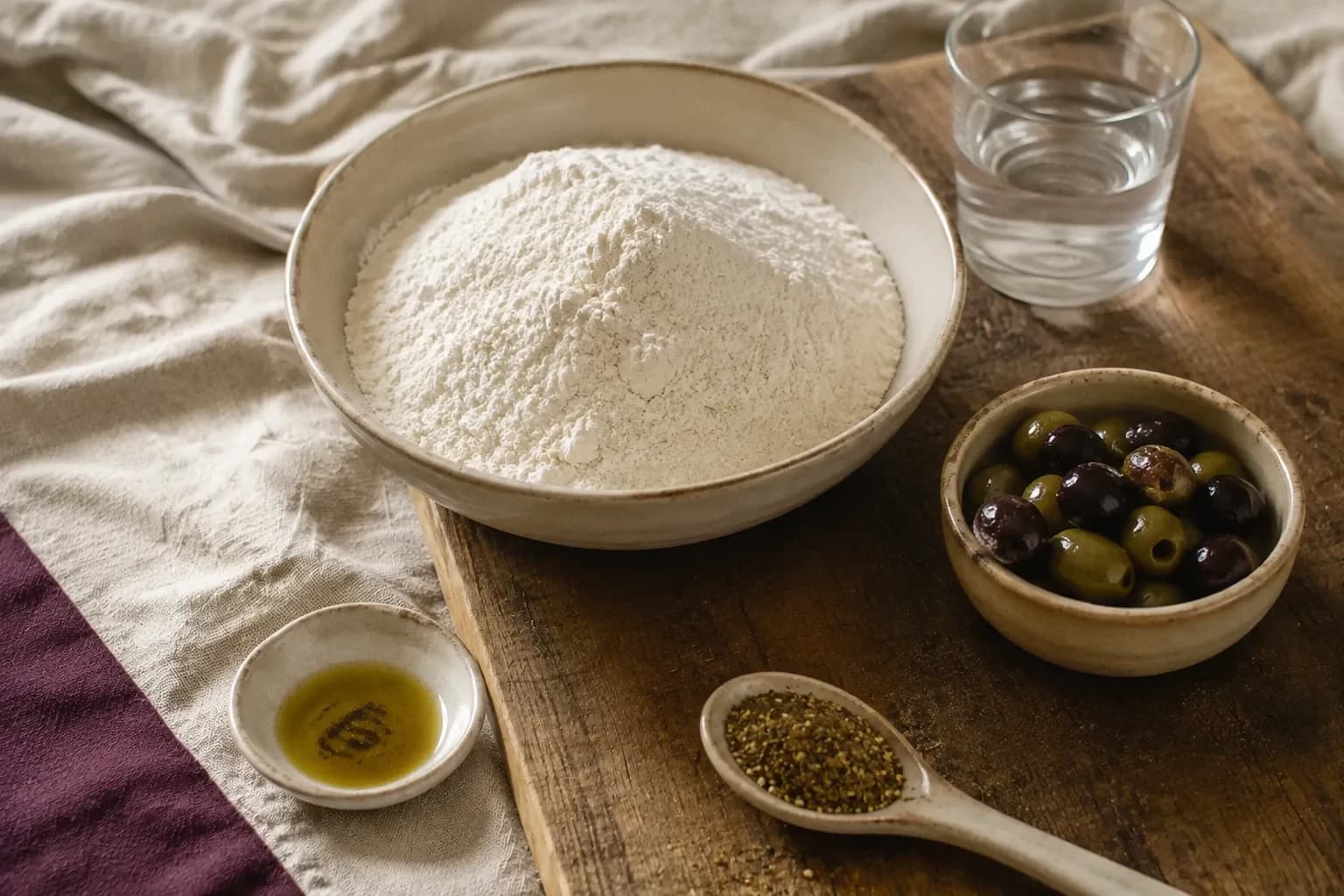 Bowls of flour and olives, olive oil, zaatar and a glass of water on a wooden board with linen.