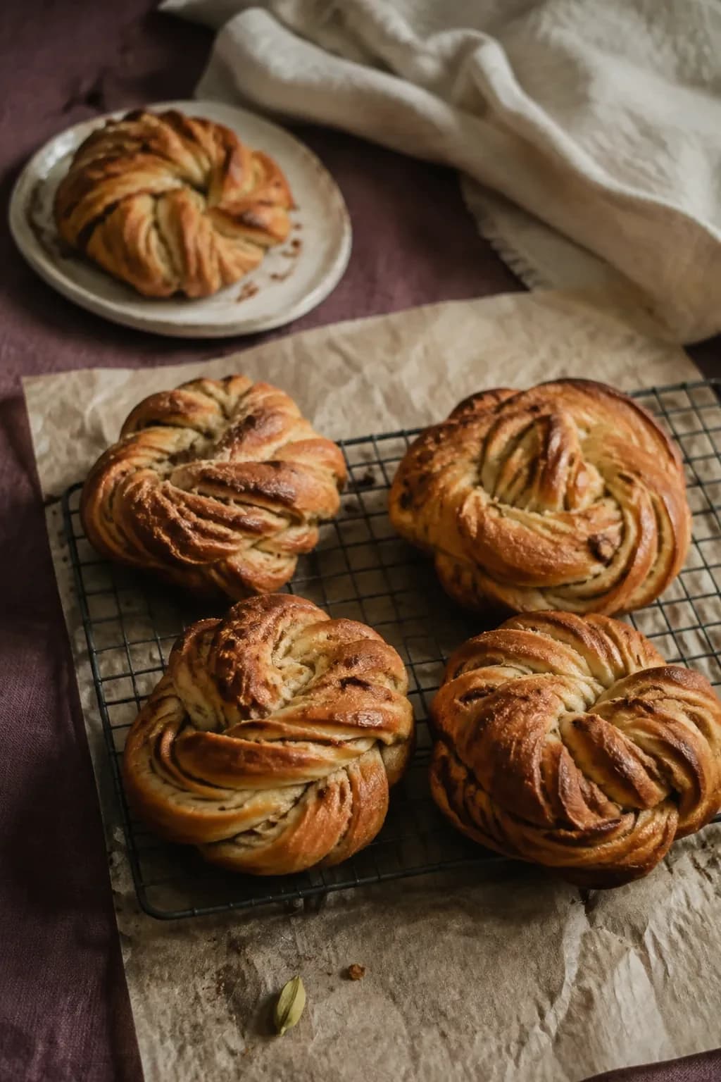 Golden twisted cardamom buns cooling on a wire rack with linen and parchment.