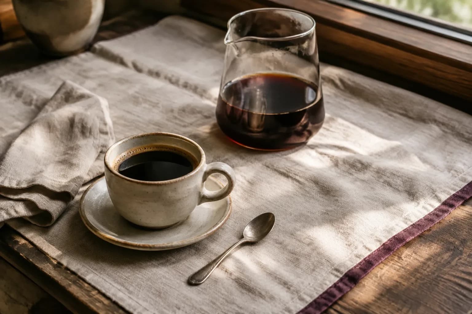 Black coffee in a cream ceramic cup beside a glass coffee server on ivory linen.