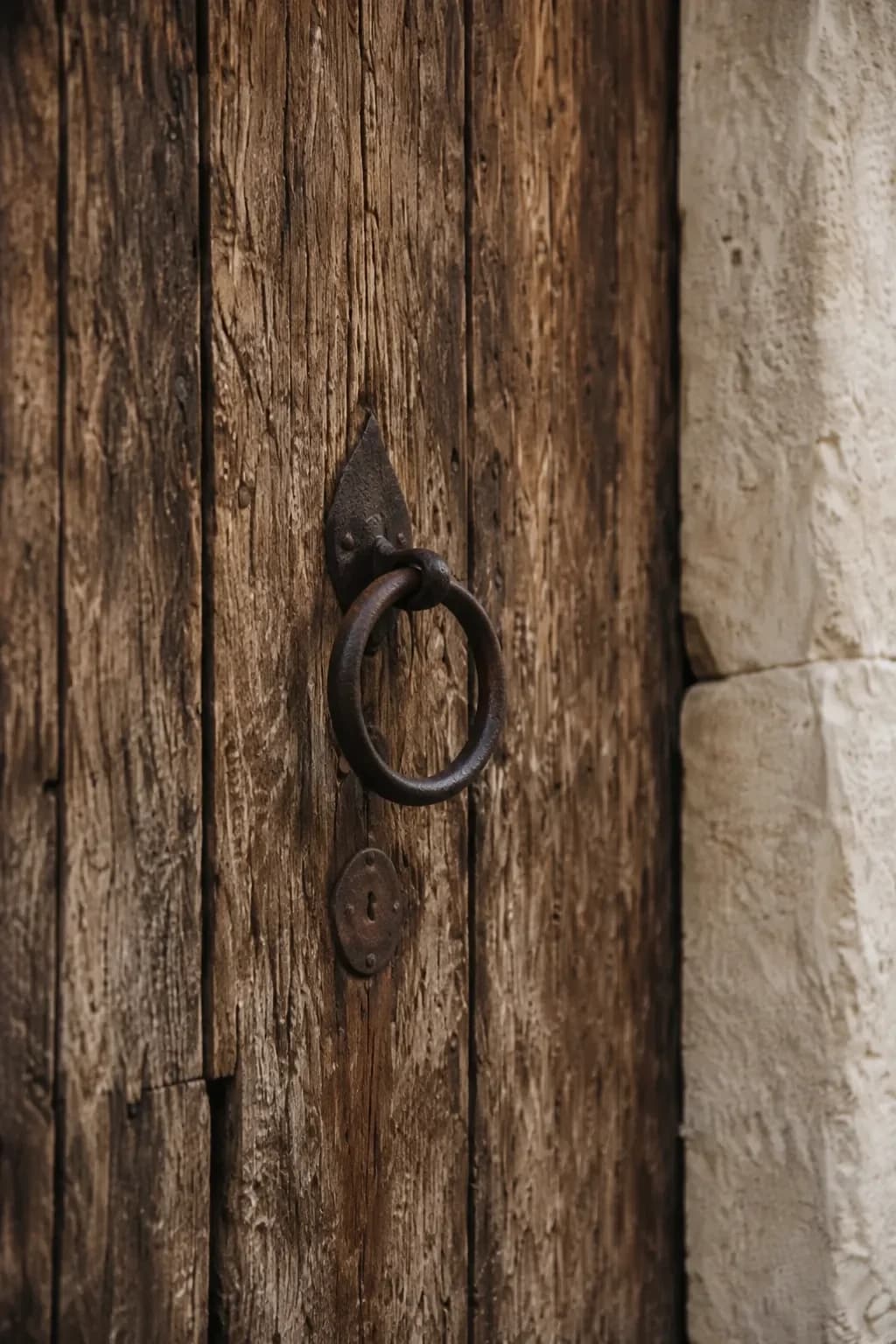 An aged iron ring knocker on weathered brown wooden planks beside a pale stone door frame.