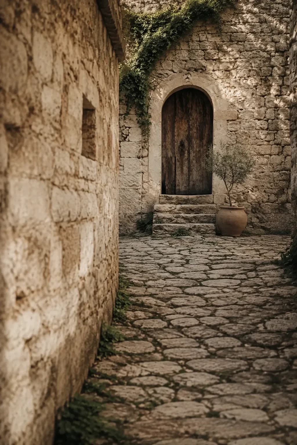 A narrow cobbled lane leading to an arched wooden door and a potted olive tree between old limestone walls.