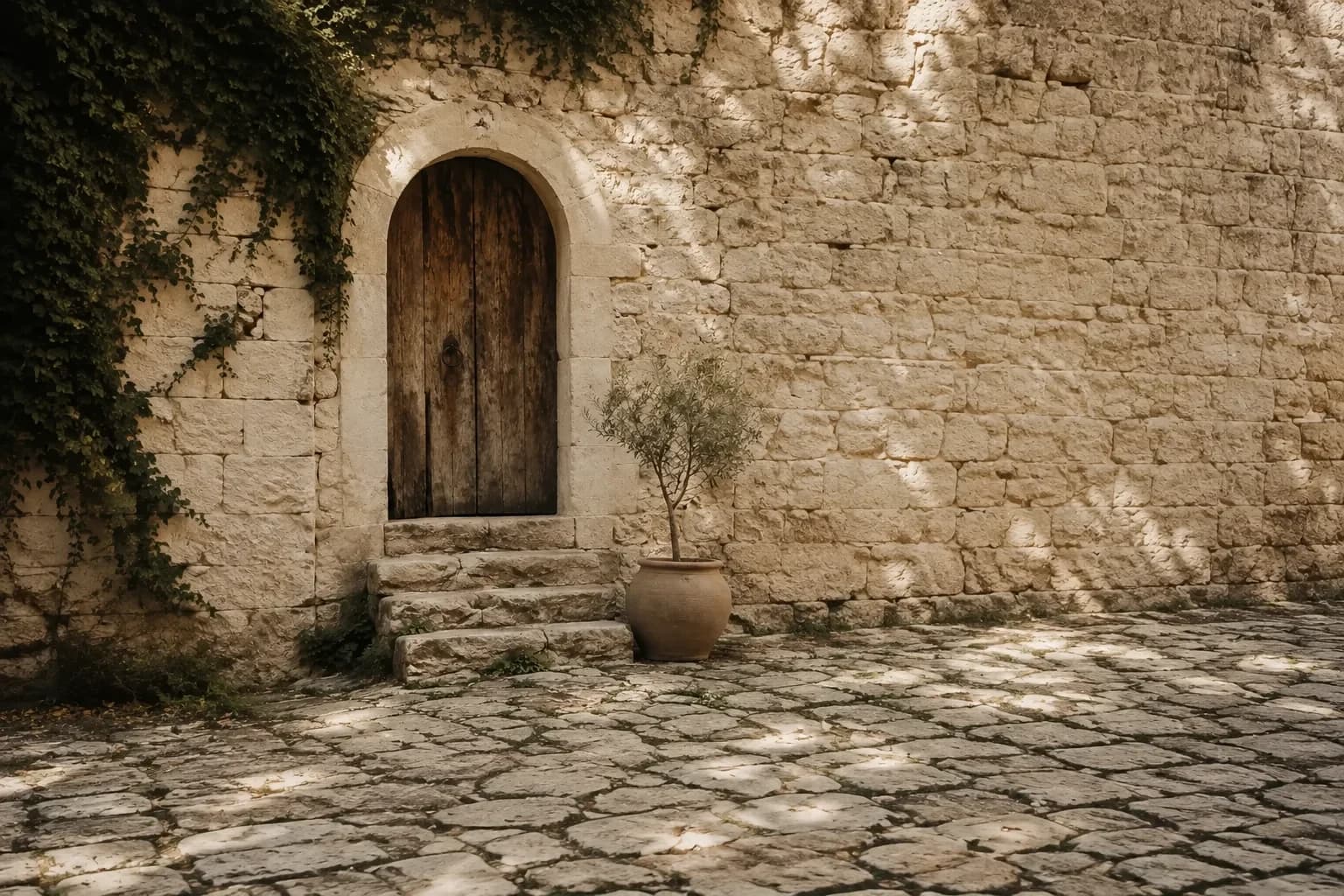 An empty cobbled courtyard with an arched timber door, worn steps, ivy and an olive tree in a clay pot.