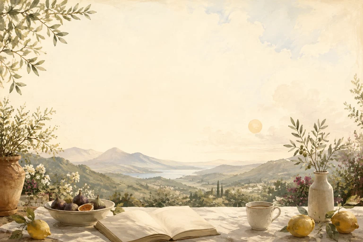 An illustrated terrace with an open book, coffee, figs and olive branches overlooking pale hills.