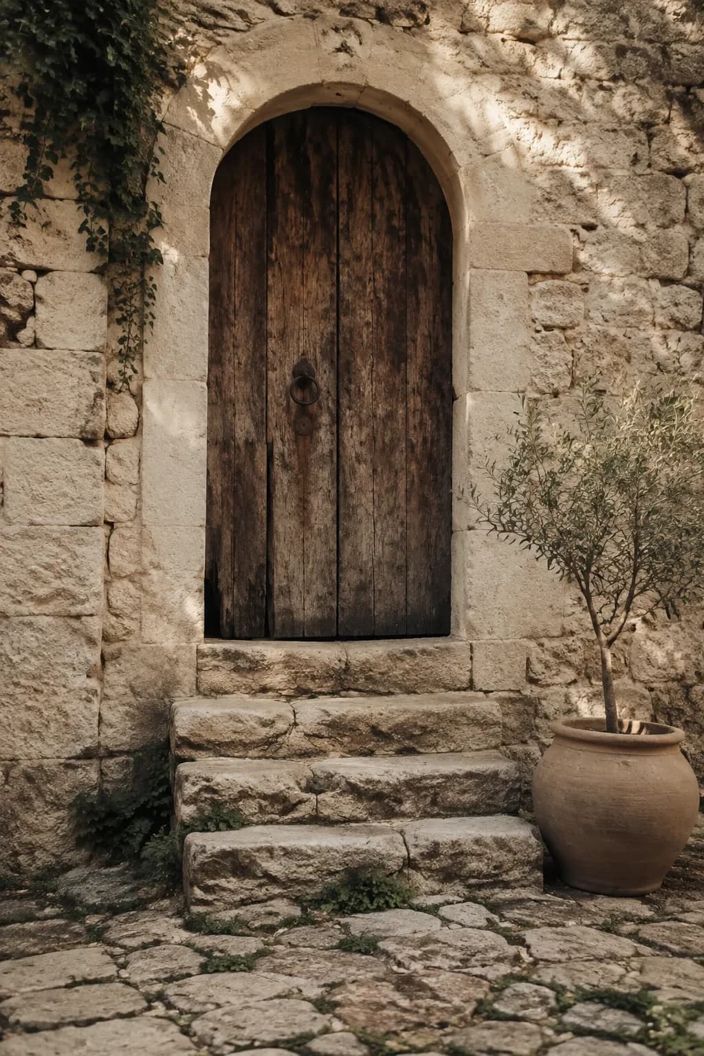 A weathered arched wooden door, worn stone steps and an olive tree in a terracotta pot.