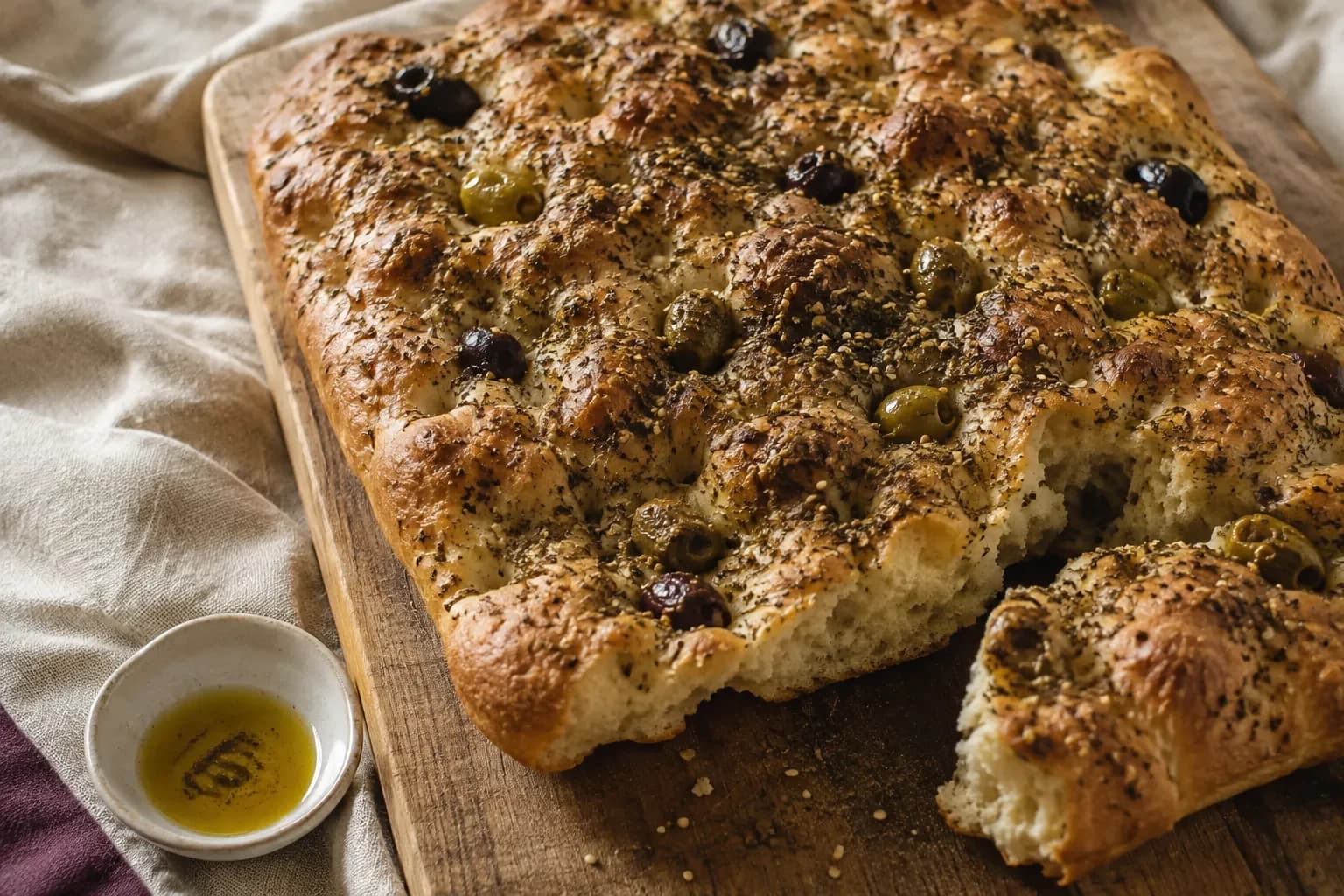 Golden olive and zaatar focaccia with a torn corner on a wooden board beside olive oil.