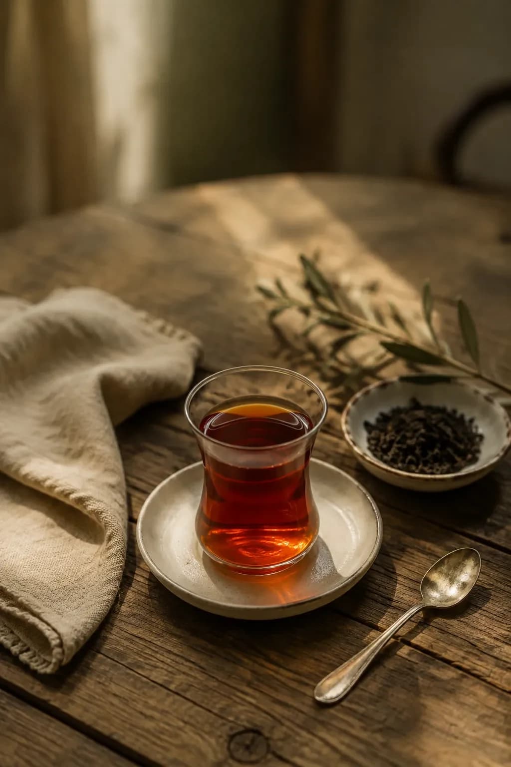 Amber tea in a clear glass on a ceramic saucer, with loose tea leaves and a silver spoon.