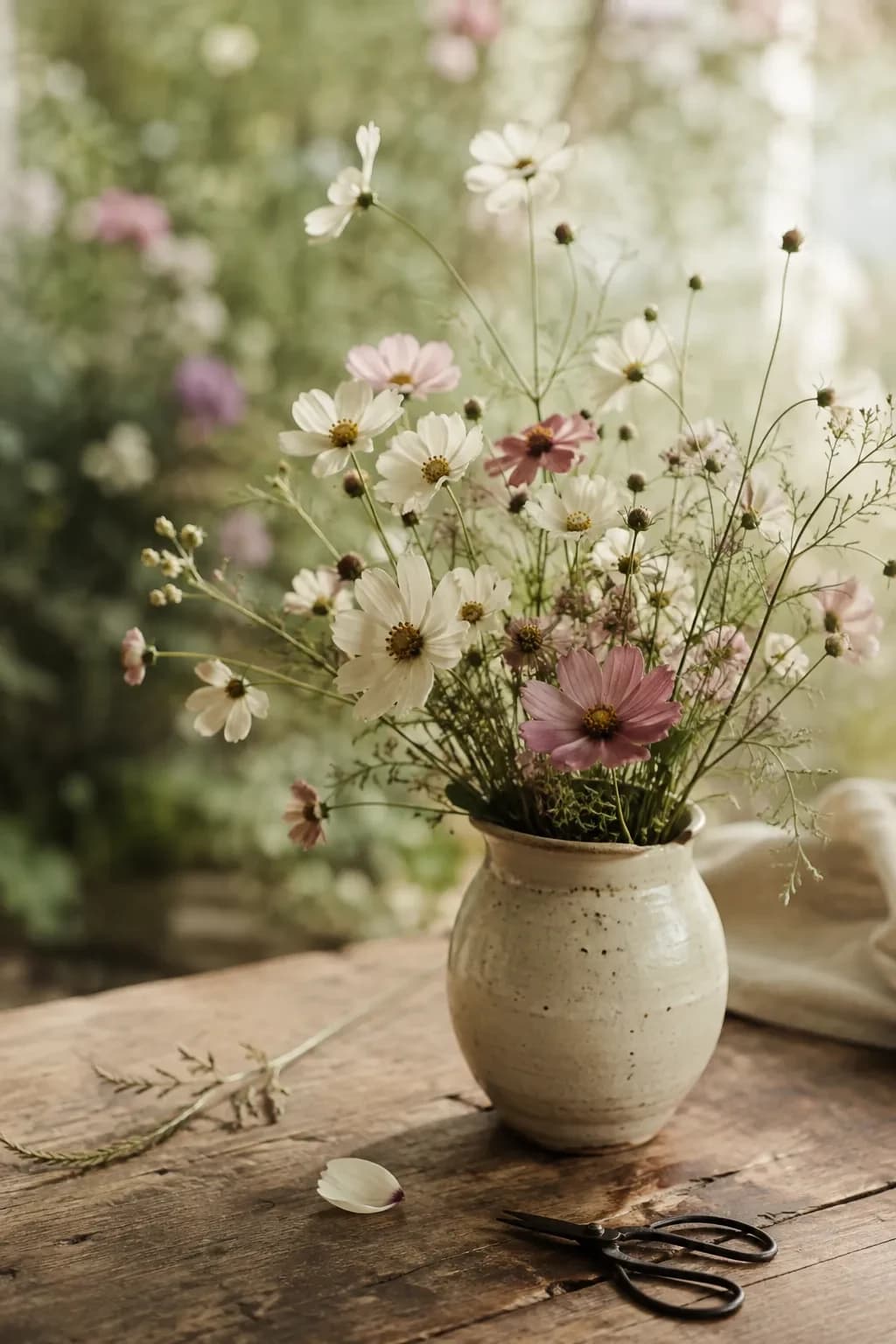 Ivory and dusty pink cosmos flowers in a handmade ceramic vase on an old wooden table.