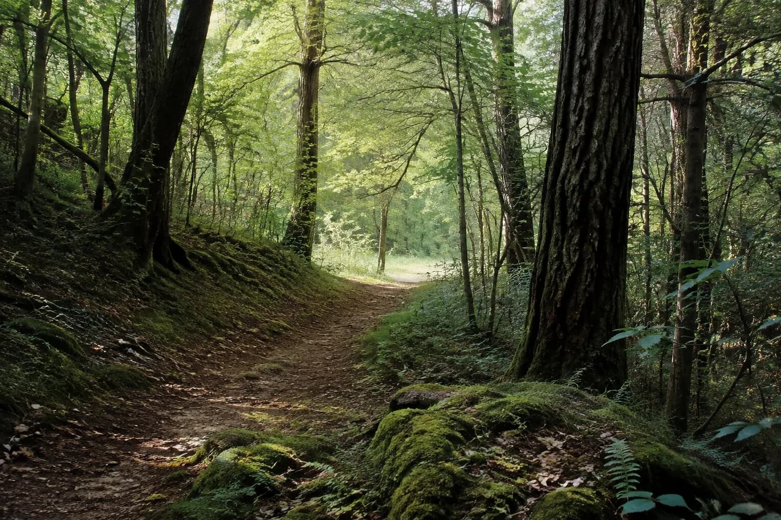 A quiet woodland path curving between moss-covered ground, ferns and tall green trees.